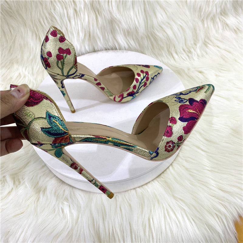 Gold Floral Print Pointed Toe Thin Heel Pumps