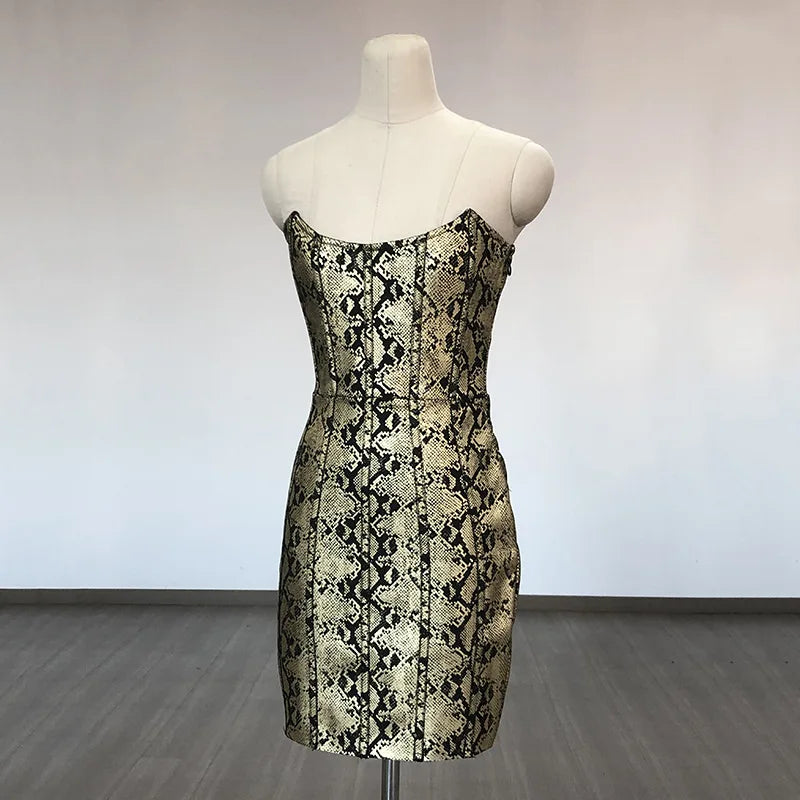 Snakeskin Print Strapless Bodycon Mini Dress