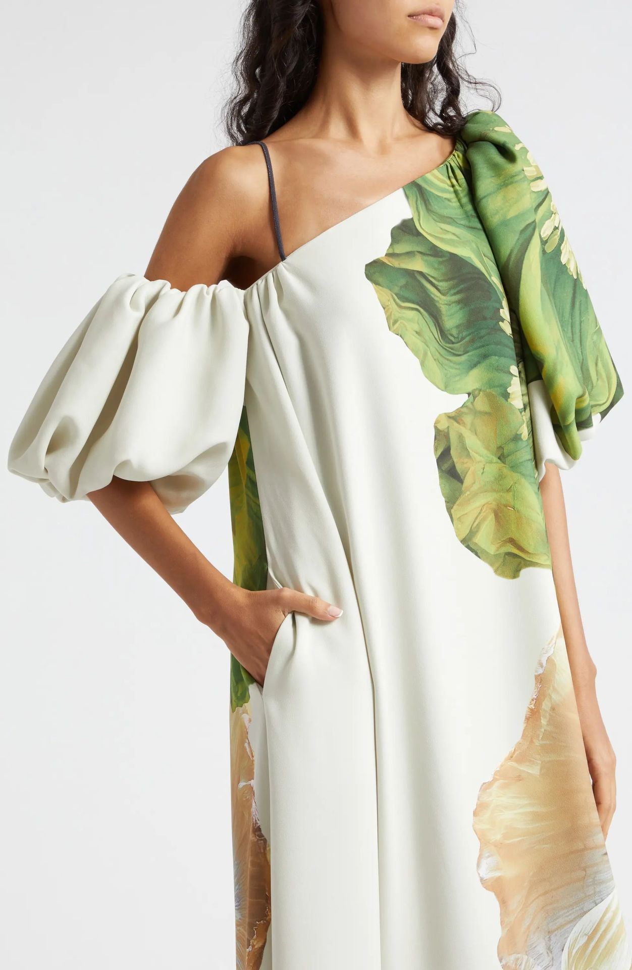 Floral Asymmetrical Neck Balloon Sleeve Maxi Dress