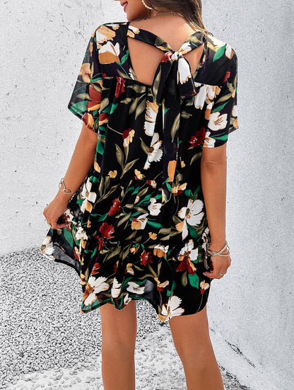 Floral Printed Tiered Tie-Back Mini Dress