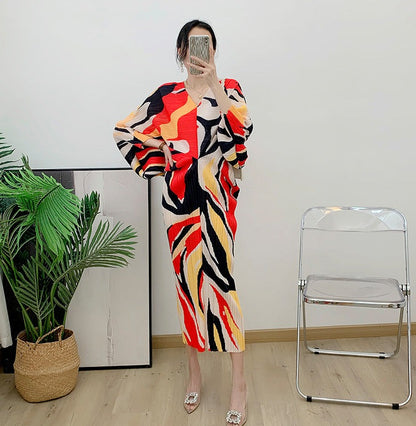 Miyake Pleated Printed Batwing Sleeve Midi Dress