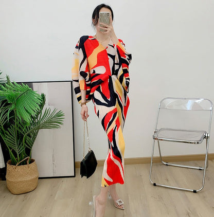 Miyake Pleated Printed Batwing Sleeve Midi Dress