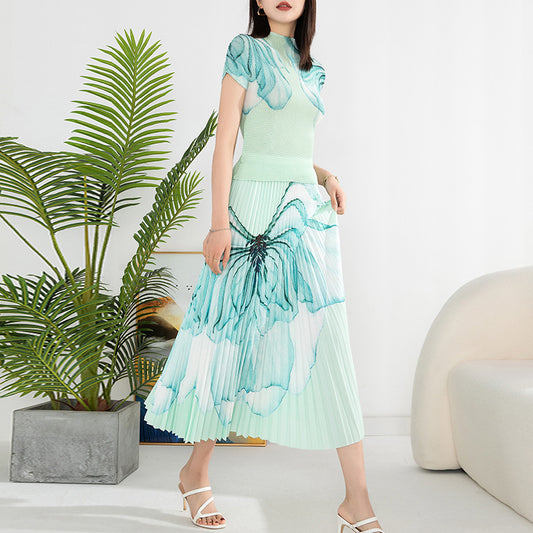 Miyake Pleated Floral Print Top & Midi Skirt