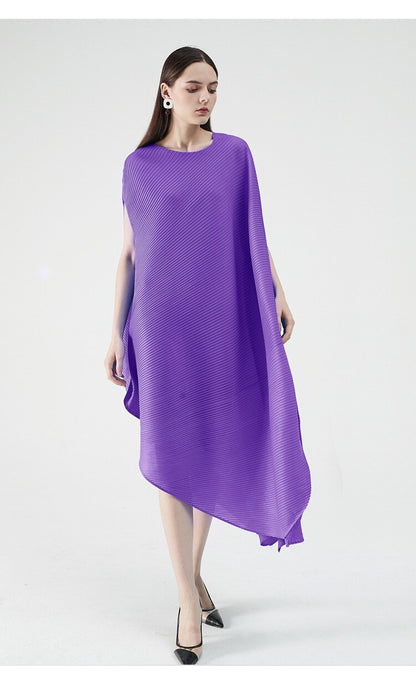 Miyake Pleated Asymmetrical Hem Midi Dress