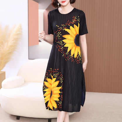 Miyake Pleated Sunflower Midi Dress