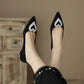 Crystal Heart Pointed Toe Button Heel Shoes