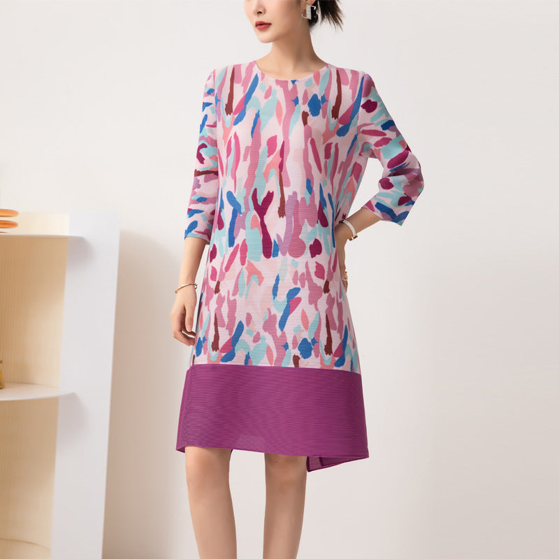 Miyake Pleated Abstract Print Round Neck Midi Dress