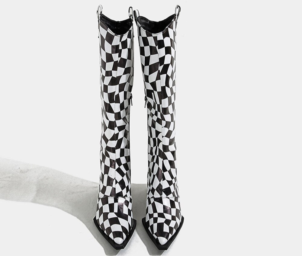 Checkered Pointed Toe Square Heel Boots