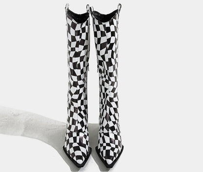 Checkered Pointed Toe Square Heel Boots