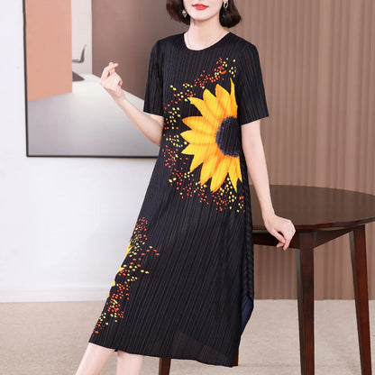 Miyake Pleated Sunflower Midi Dress