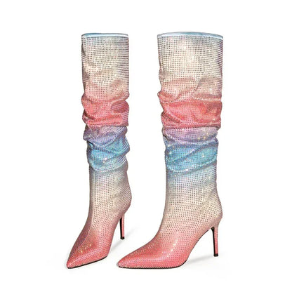 Gradient Rhinestone Pleated Knee-High Boots