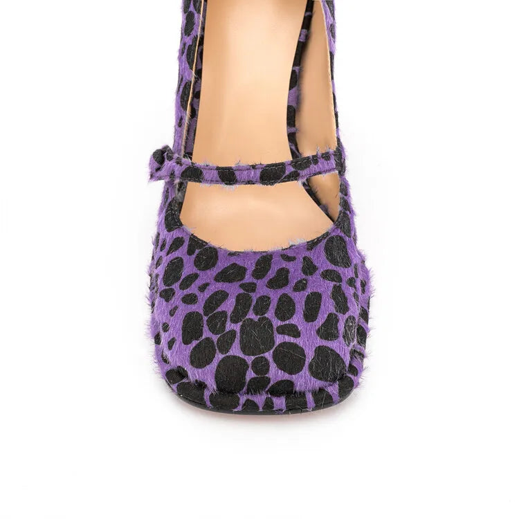 Leopard Square Toe Block Heel Shoes