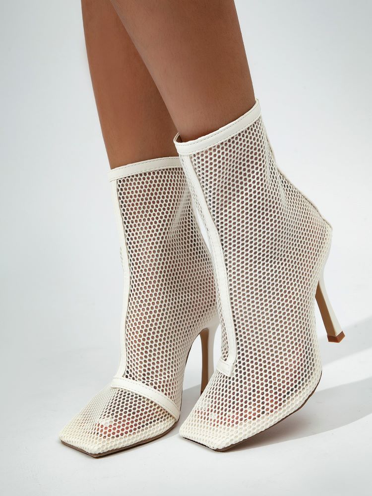 Mesh Netted Square Toe Stiletto Ankle Boots