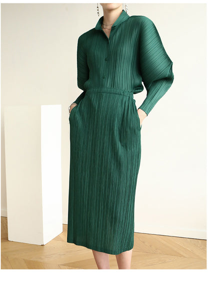 Miyake Pleated Horn Sleeve Shirt and Midi Skirt Set