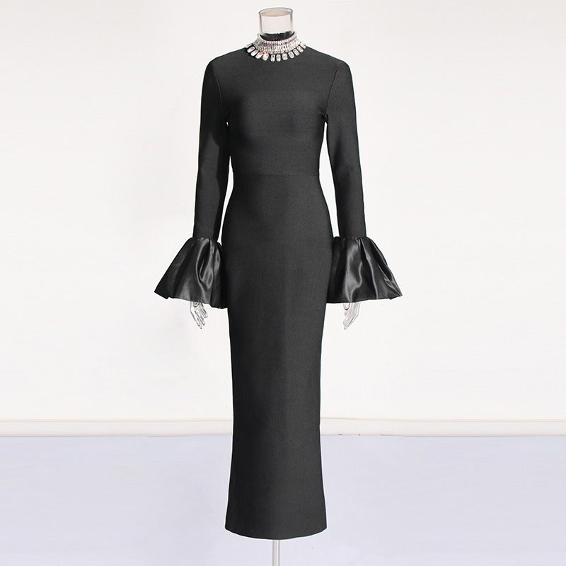 Rhinestone Turtleneck Long Sleeve Bandage Dress