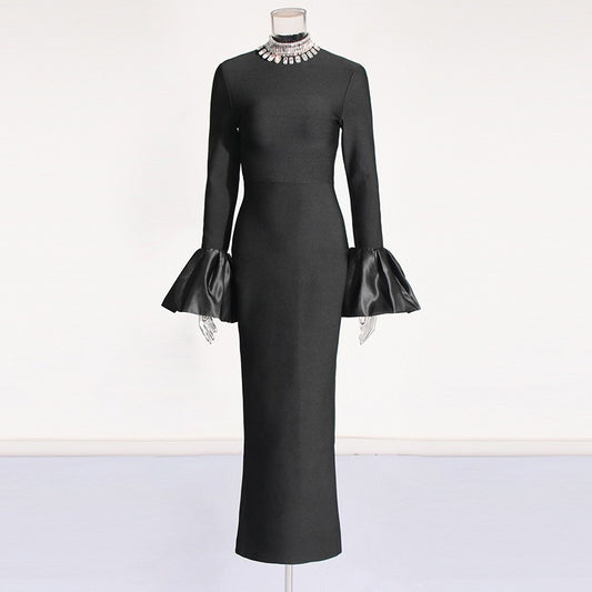 Rhinestone Turtleneck Long Sleeve Bandage Dress