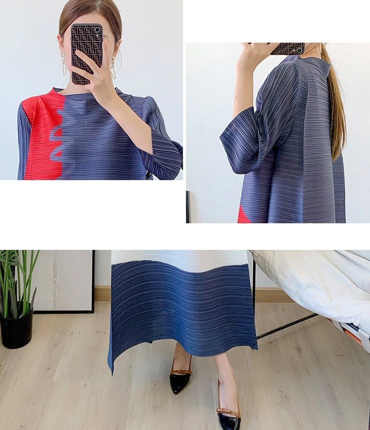 Miyake Pleated Color Block Three Quarter Sleeve Dress