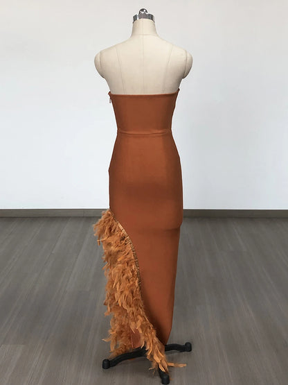 Strapless Bodycon Dress with Feathers