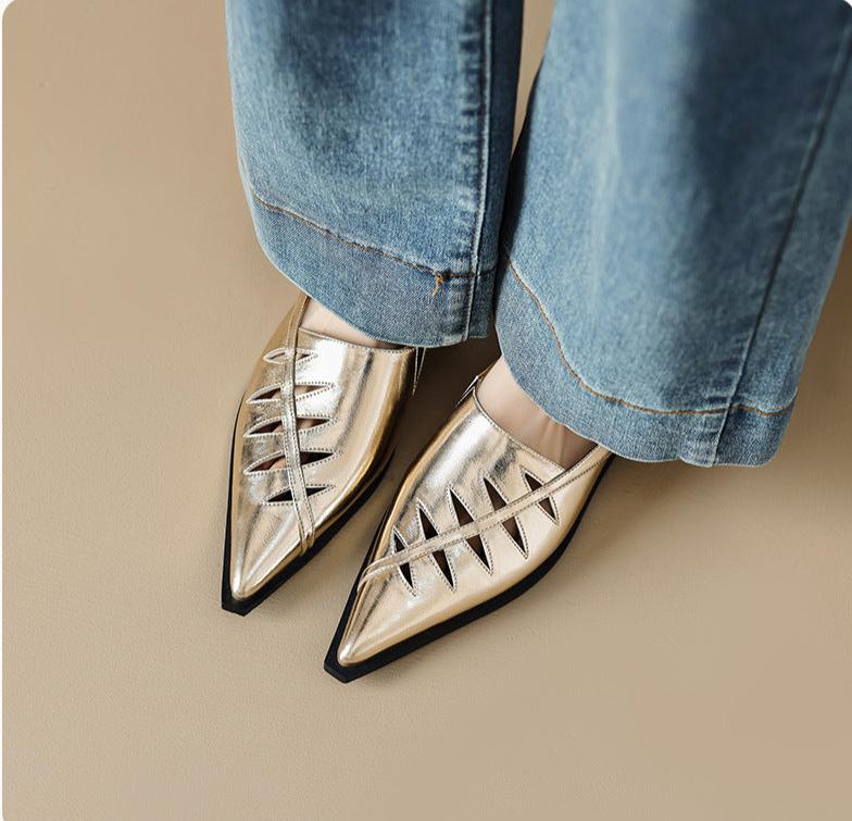 Pointed Toe Hollow Out Low Heel Mules