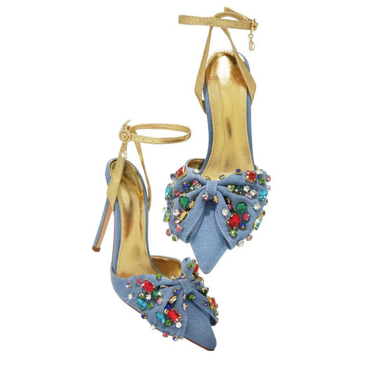 Blue Denim High Heels with Embellished Bow & Ankle-Straps