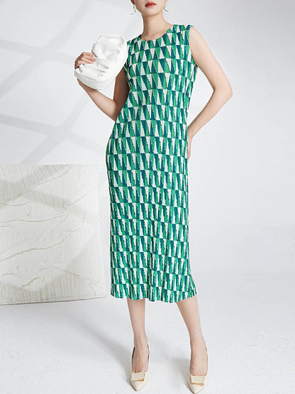 Miyake Pleated Printed Sleeveless Midi Dress