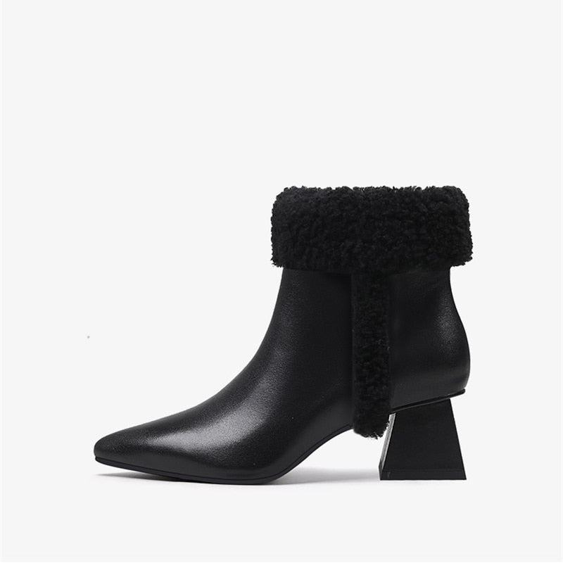 Faux Fur Trim Block Heel Leather Ankle Boots