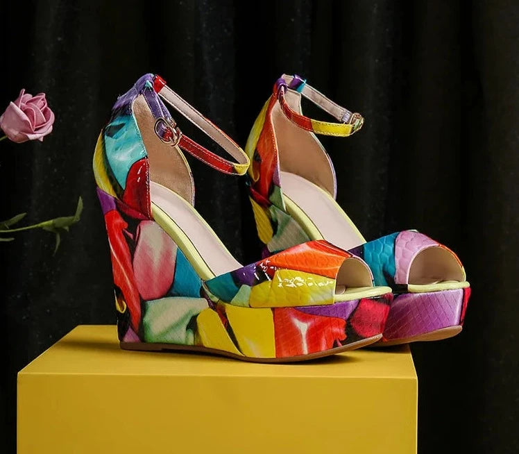Multicolor Ankle Strap Wedge Sandals