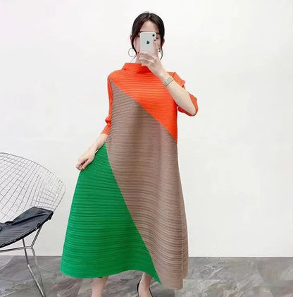 Miyake Pleated Color Block Midi Dress