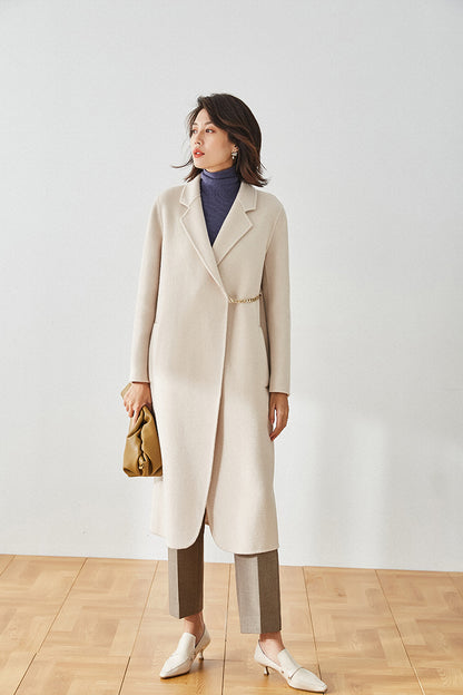 Double-Breasted Chain Detail Long Wool Coat