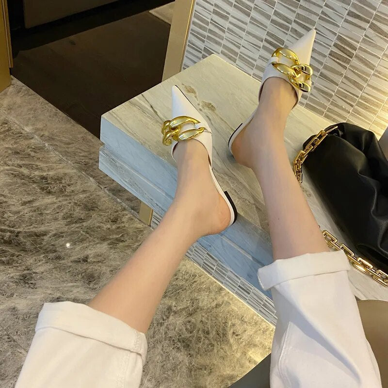 Metal Chain Pointed Toe Mules