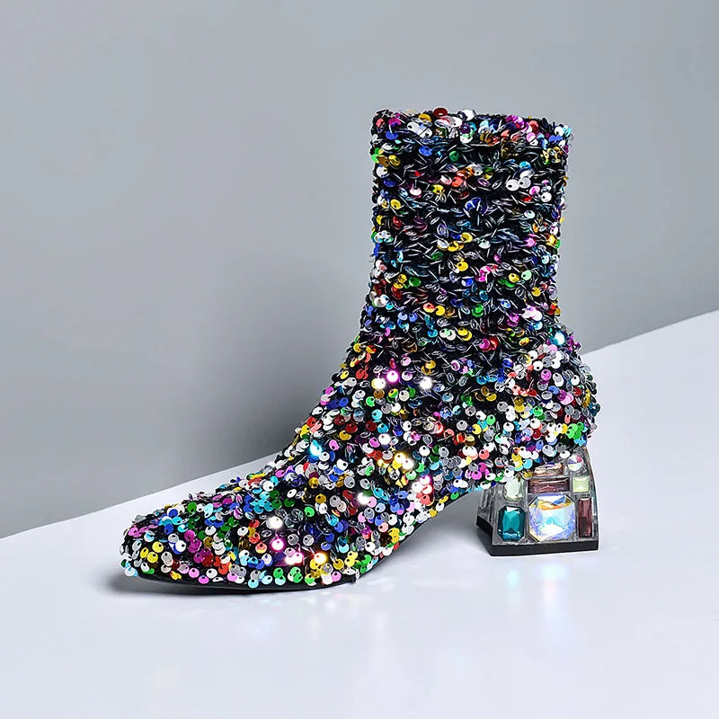 Sparkling Sequined Square Heel Ankle-Boots