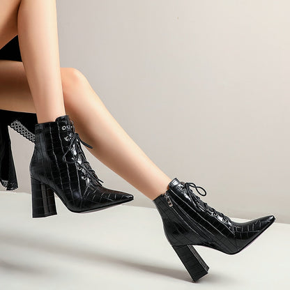 Cross Lace-Up Pointed Toe Ankle Boots