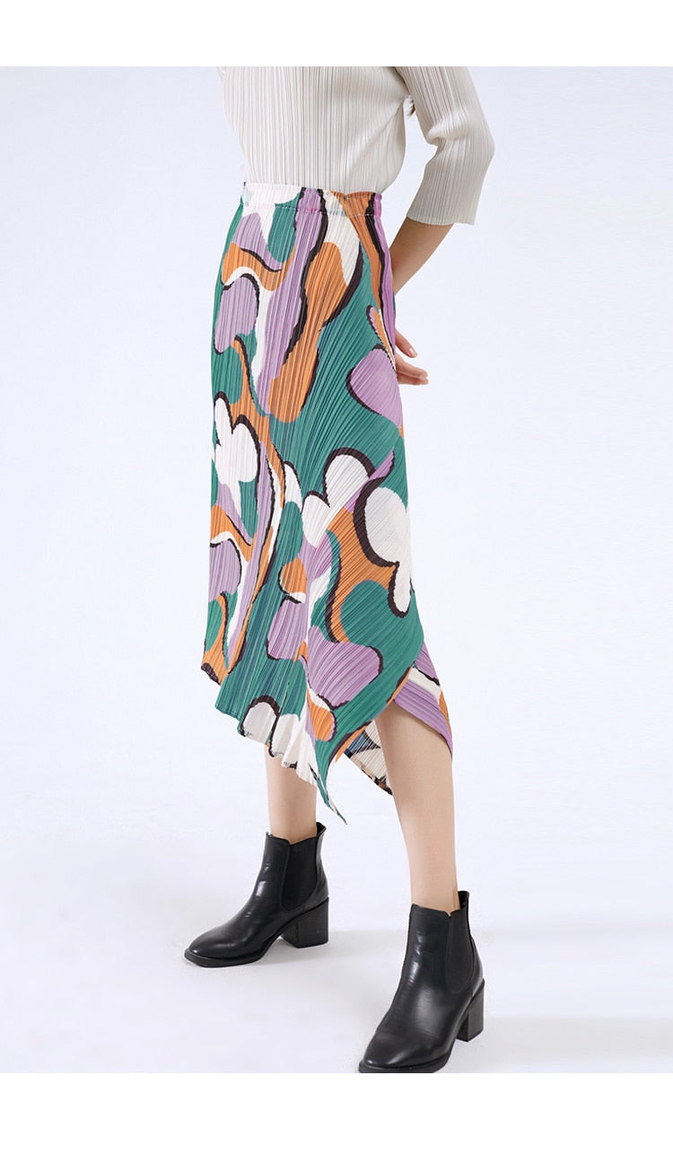 Miyake Pleated Floral Print Asymmetrical Skirt