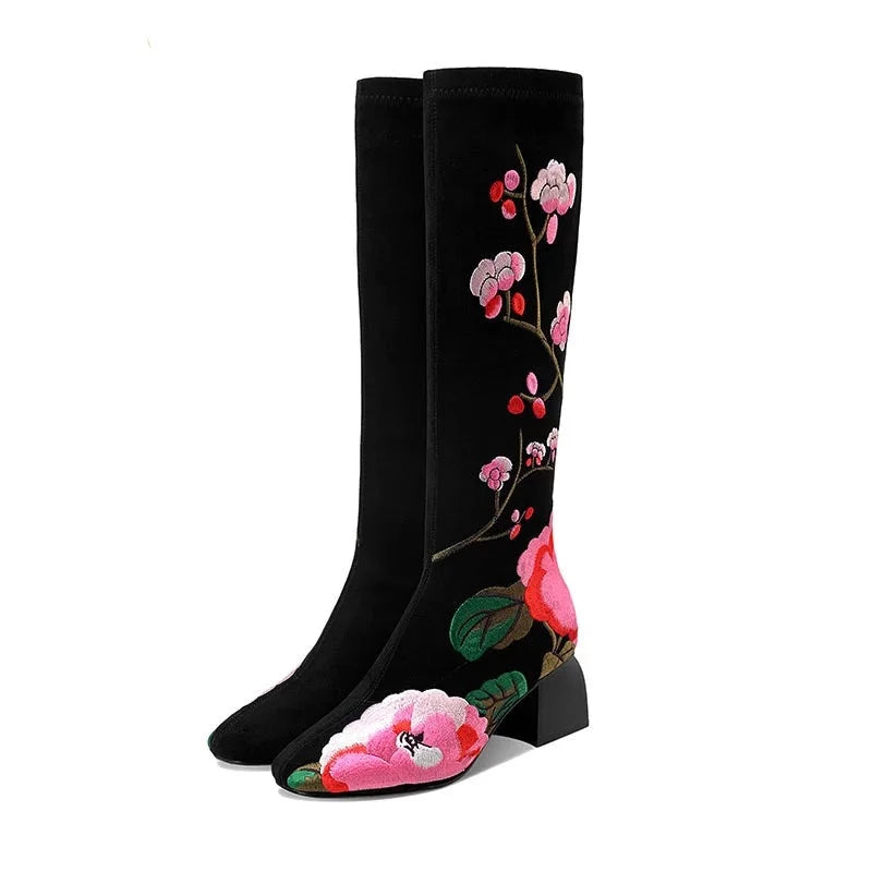 Floral Embroidered Square Heel Velvet Boots
