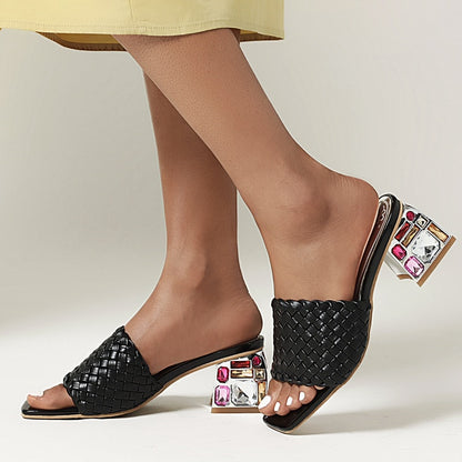 Rhinestones Braided Open Toe Chunky Heel Sandals