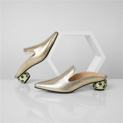 Genuine Leather Rhinestone Pointed Toe Crystal Pumps