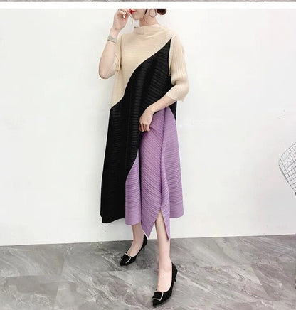 Miyake Pleated Color Block Midi Dress