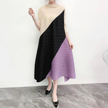 Miyake Pleated Color Block Midi Dress