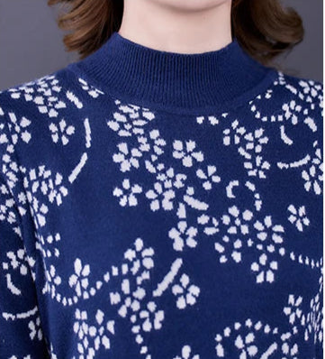 Floral Turtleneck Knitted Pullover Dress