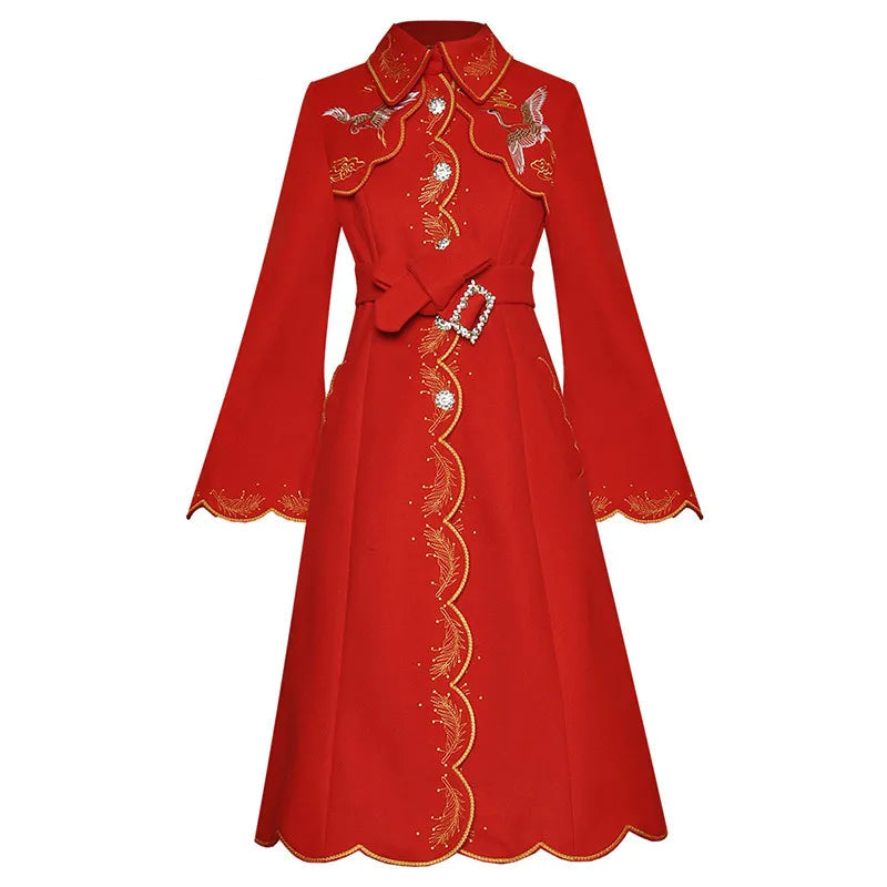 Embroidered Flare Sleeve Single-Breasted Coat