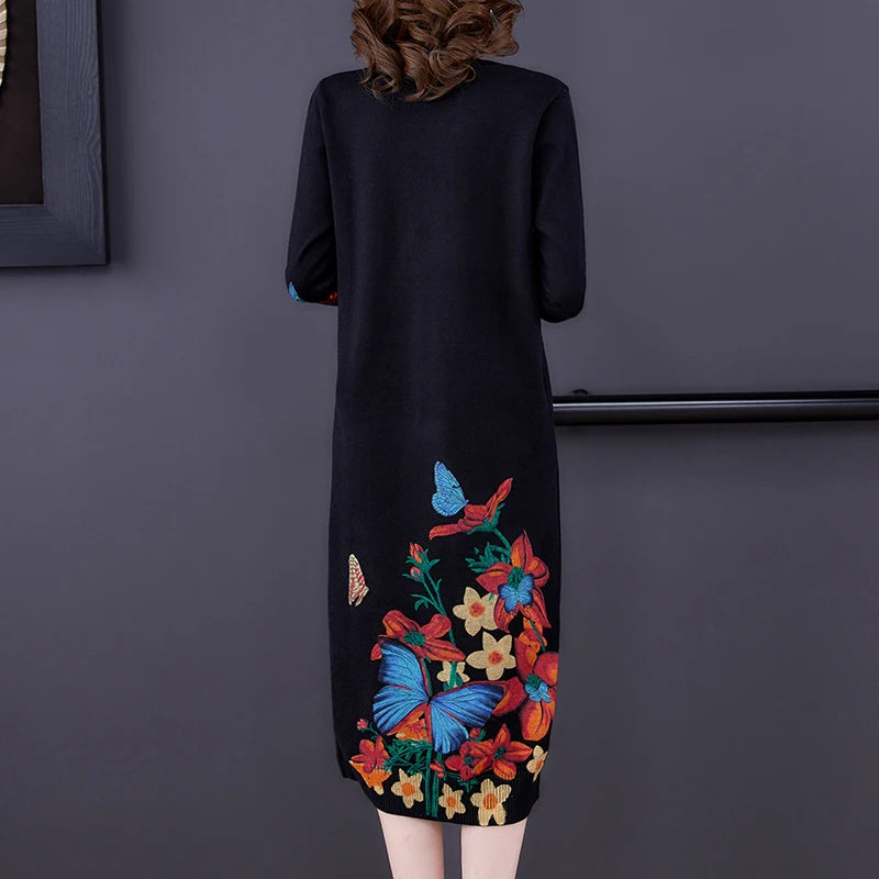 Floral Long Sleeve Knitted Midi Dress