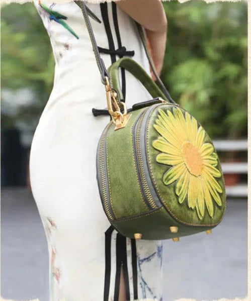 Retro Floral Embossed Circular Bag