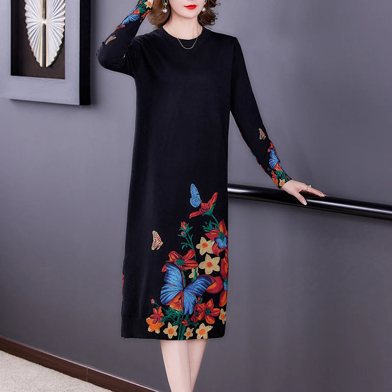 Floral Long Sleeve Knitted Midi Dress