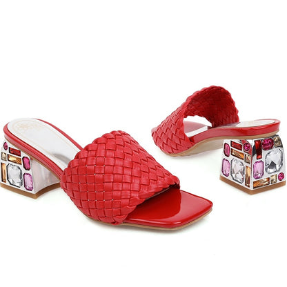Rhinestones Braided Open Toe Chunky Heel Sandals