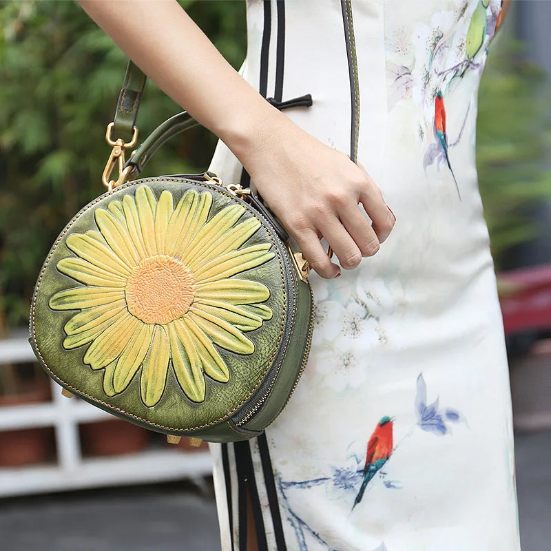 Retro Floral Embossed Circular Bag