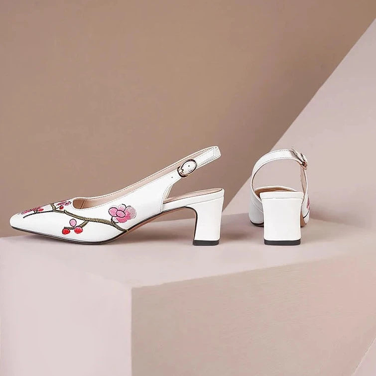 Embroidered High-Heel Slingback Shoes