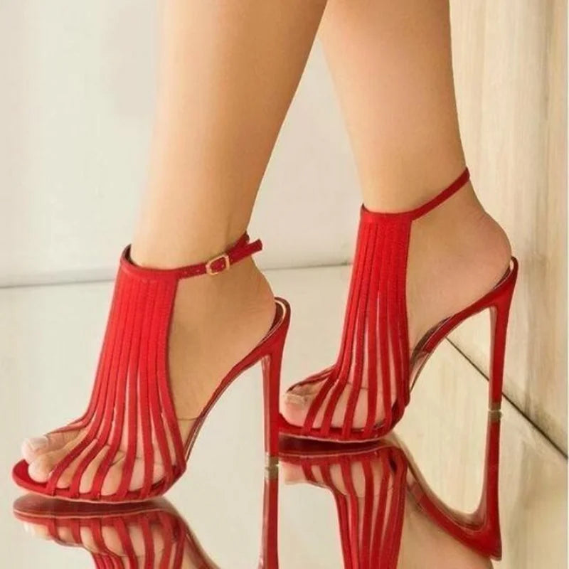 Vertical Strap Hollow Out Thin Heel Sandals