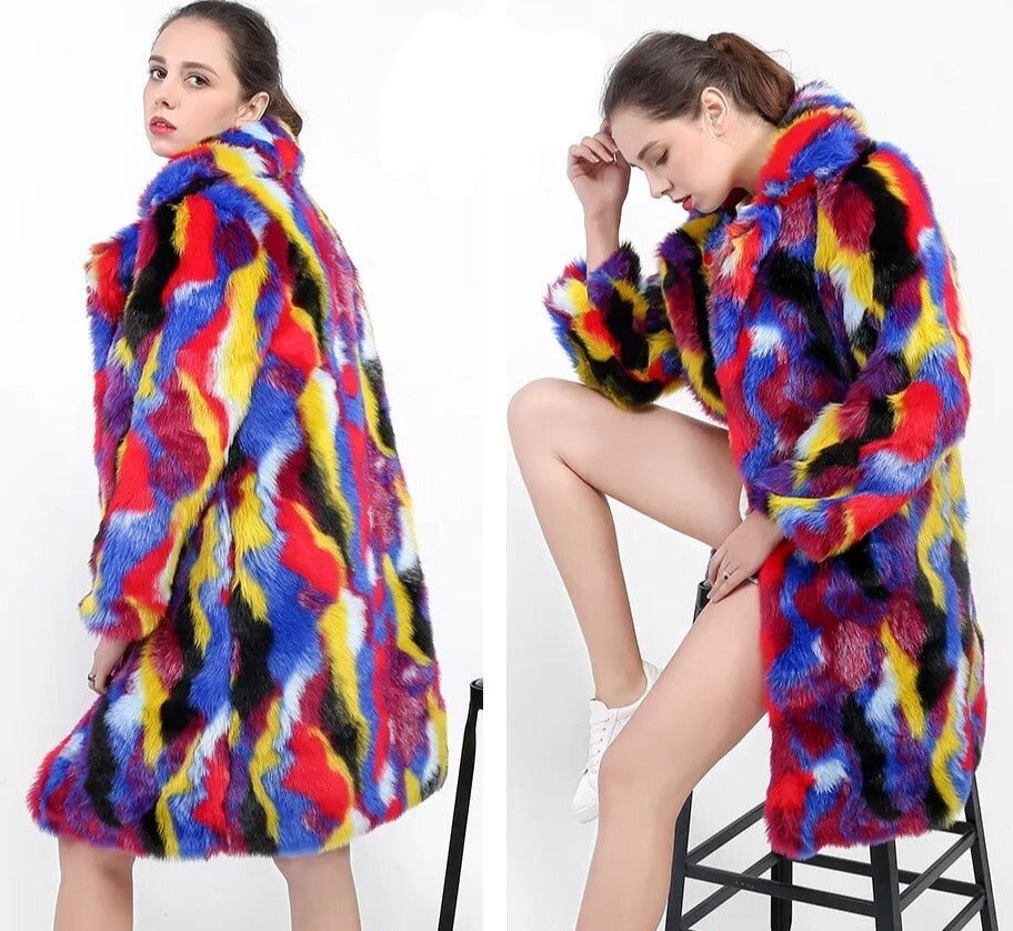 Multicolor Faux Rabbit Fur Single-Breasted Coat