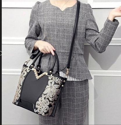 Sequin Embroidery Patent Leather Messenger Bag
