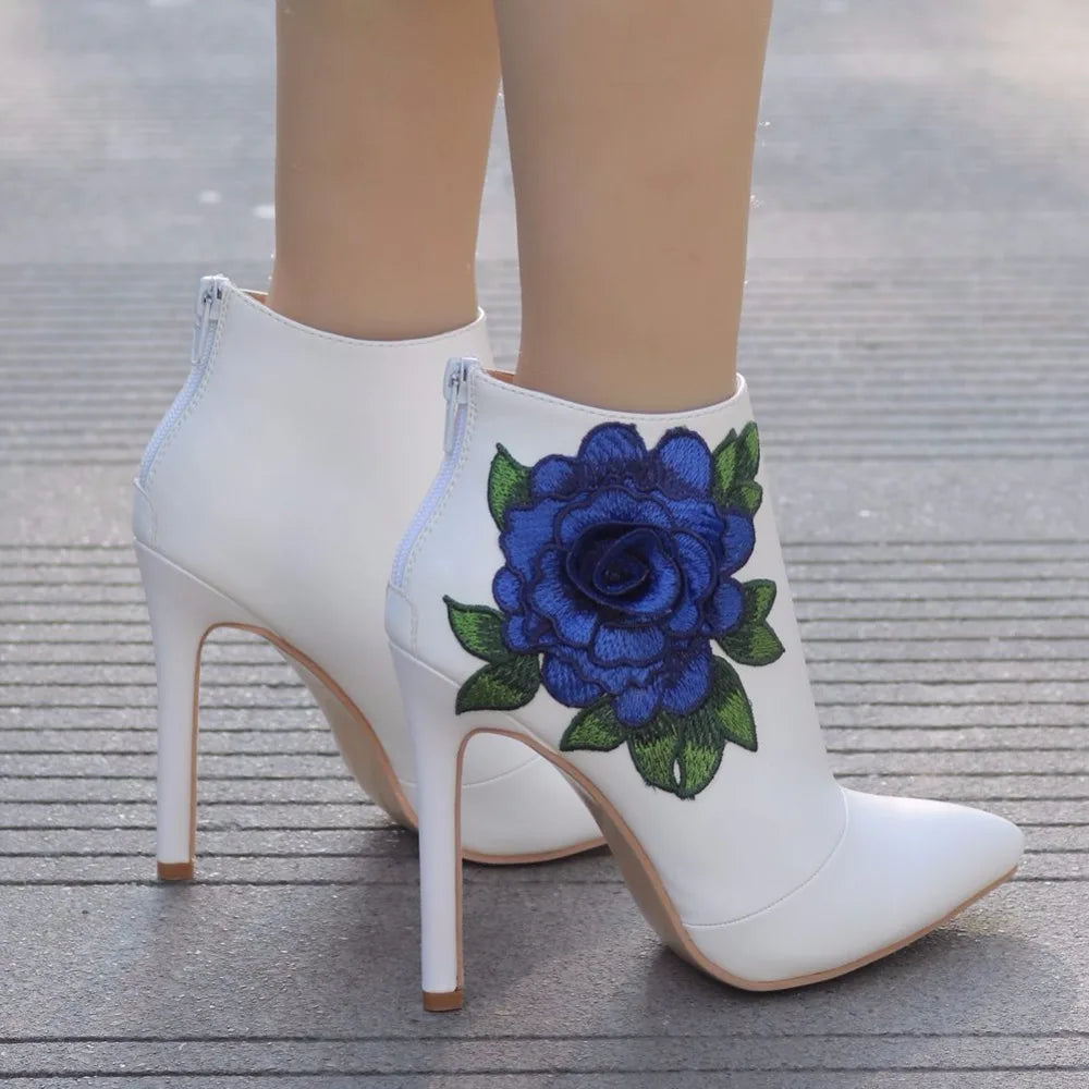 Flower Patchwork Pointed Toe Ankle Boots